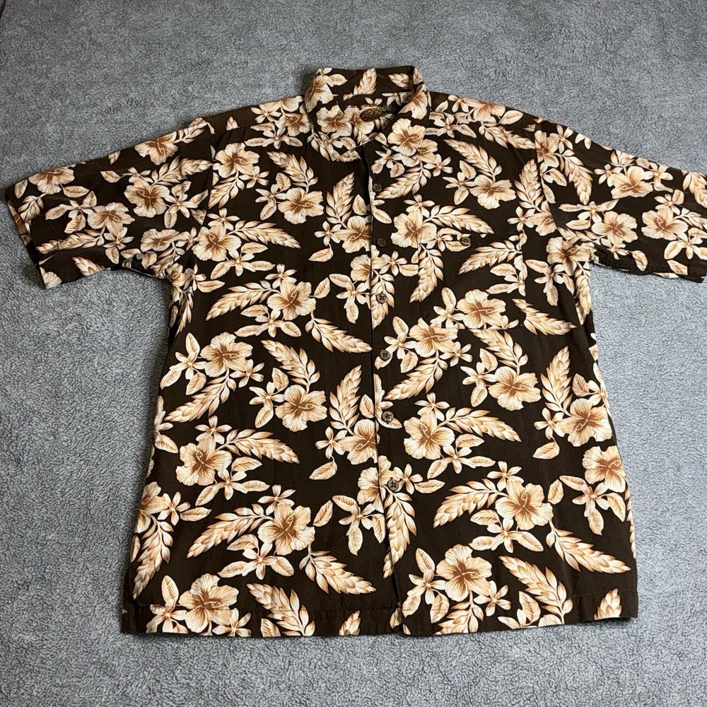 Hawaiian Shirt Pineapple Hibiscus Print‎ Button Up Vintage Caribbean Mens M Silk